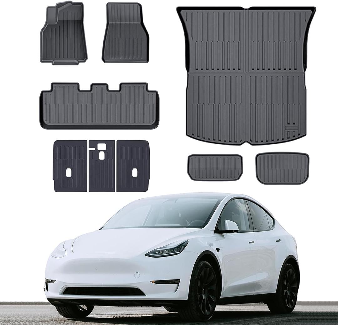 Floor Mats 9PCS Compatible with Tesla Model Y 2020-2024 5-Seats Replacement for Model Y Accessories All-Weather Floor Mats Waterproof Non-Slip Front Rear Trunk Mats Rear Back Seat Protector