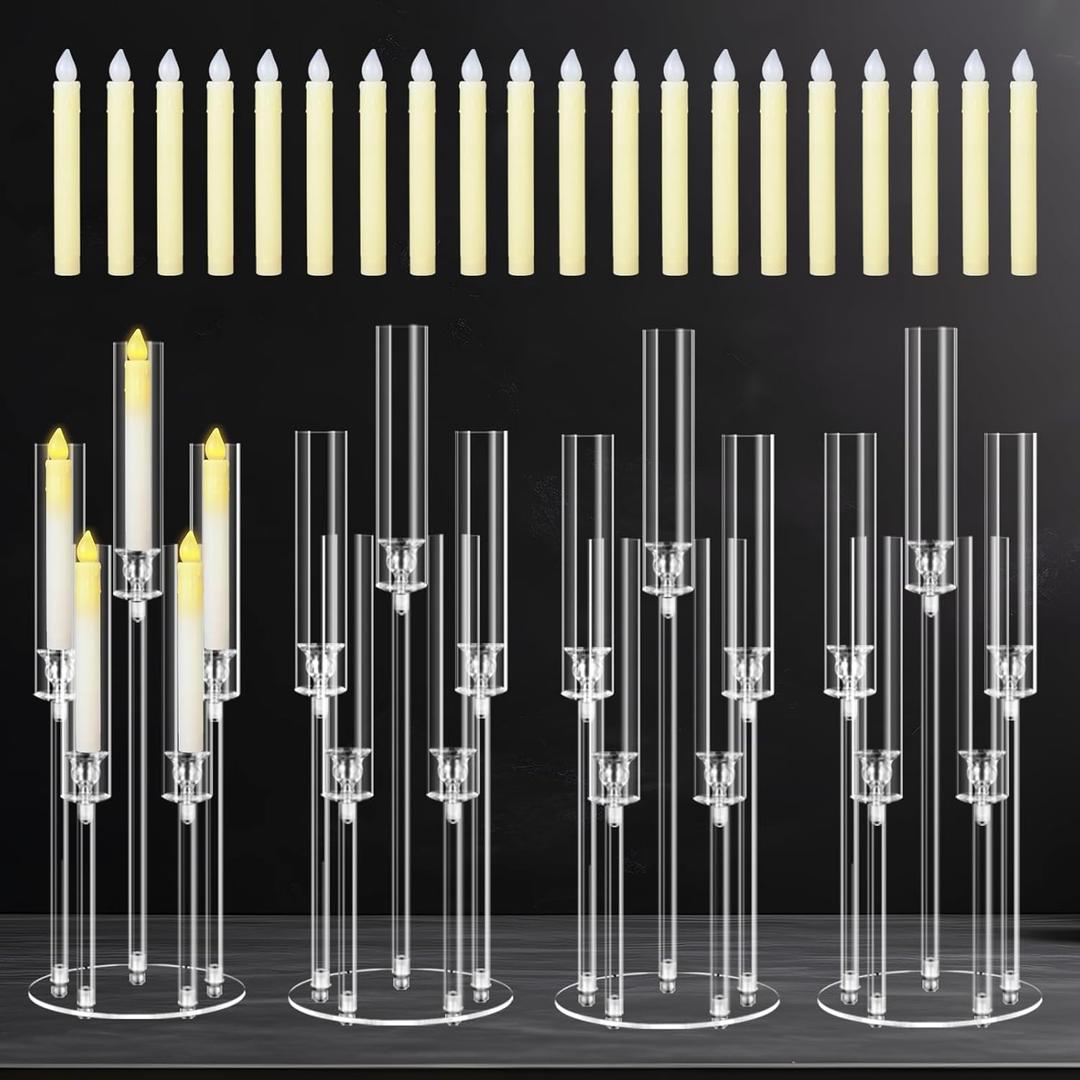 4 Sets 5 Arms Acrylic Candelabra Centerpieces for Tables, 27" Clear Candle Holder for Wedding Dinner Party and Home Decor,Candlesticks Holder with LED Candles
