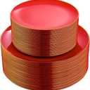 PULOTE 100PCS Red Plastic Plates Disposable Heavy Duty - Include 50 Dinner / 50 Dessert Plates for Party & Christmas