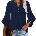 Angerella Ladies Tops & Blouses Dark Blue Office Attire Blouses Casual Business Shirts Plus Size Professional Formal Interview Clothes Relaxed Ruffled 3/4 Length Sleeve Chiffon Outfits Loose Fit S (Blue, S)