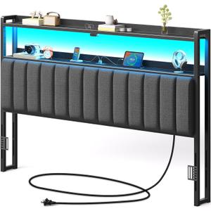 Rolanstar Headboard for King Size Bed with Storage, 60,000 DIY Color of LED Light, Head Board with USB & Type C Port, Height Adjustable, Black Upholstered Cabeceras de Cama Comfortable Modern, Linen