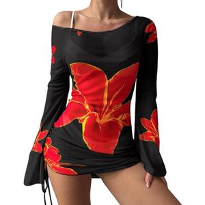 ZAFUL Womens Swimsuit Cover Up Dress Off Shoulder Hollow Coverup Bathing Suit Mesh Swim Beach Dress (Small, 0-1 Black)