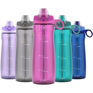 Pogo BPA-Free Tritan Plastic Water Bottle with Soft Straw, 32 Oz, Fuchsia