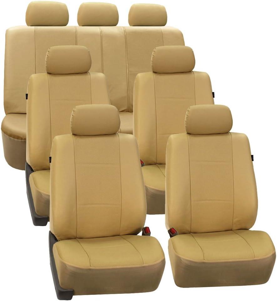 FH Group Three Row Car Seat Covers Deluxe Leatherette with 7 Seater, Airbag Compatible and Rear Split Bench Universal Fit for Cars Trucks & SUVs (Beige)