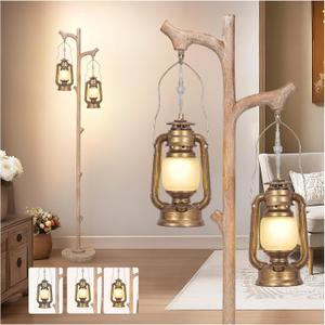 Scenekoy Vintage 68 Tall Floor Lamp with Lanterns, Retro Standing Lamp Tree Trunk Finish & Resin Body, Rustic Dimmable Corner Lamp Stand Up Light with Bulb Prefer for Living Room Bedroom Home Decor (Antique Brass)