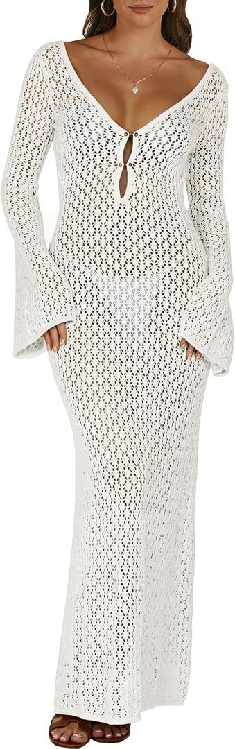 ANRABESS Women Swimsuit Swim Crochet Cover Up Knit Bathing Suit Swimwear 2025 Summer Bodycon Beach Dress Vacation Clothes (Large, White)