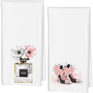 Pink Perfume Flowery High Heels Decorative Bathroom Hand Towels Set of 2, Trendy Pink Aesthetic Hand Towels for Girls Bathroom Washroom Decor,Kitchen 16x24 Inch