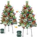 Outdoor Christmas Tree 2 Pack 33" Christmas Urn Filler with 50 Warm&Colorful Lights, Artificial Xmas Tree 8 Modes Timer,Mixed Tips Pinecones Red Berries Battery Operated for Pathway Yard Porch Planter