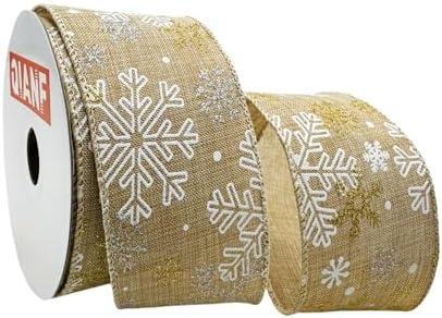 QIANF Glitter Snowflake Faux Jute Burlap Wired Ribbon Christmas Ribbon for Christmas Decoration, Tree Topper Bow Making, Gift Wrapping, Wreath Garland, 2.5" x 10 Yards (Tan)