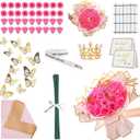 36 PCS Glitter Roses Bouquet Kit, Pink Sparkling Flower Arrangement with Stems, Butterflies, Crown, Wrapping Paper, Card, Ribbon for Wedding, Graduate, Birthday, DIY Crafts