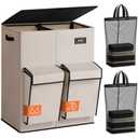 SOLEDI Double Laundry Hamper with Lid, 47.8 Gal (180L) Large Laundr Basket 2 Section with 2 Side Pockets, Dirty Clothes Hamper with Removable Bag, Easy to Carry for Laundry Room, Bedroom, Light taupe