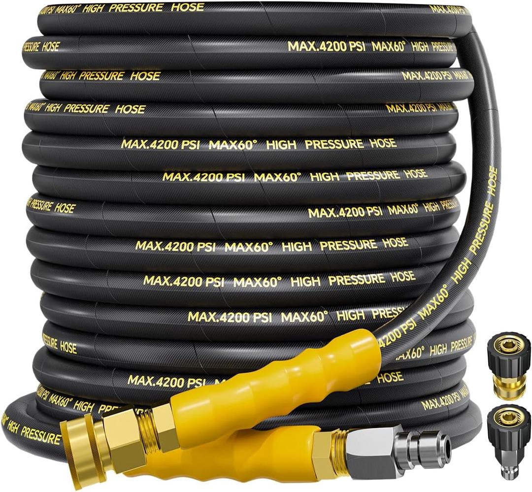 4200PSI Pressure Washer Hose 50FT with 3/8" Swivel Quick Connect for Cold/Hot Water, Kink Resistant Steel Wire Braided,1/4" Wear Resistant Power Washer Hose with 2 M22 14mm Adapter Set
