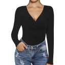 Mangopop Bodysuit Black Long Sleeve Cross Wrap Ruched Women’s Size Large