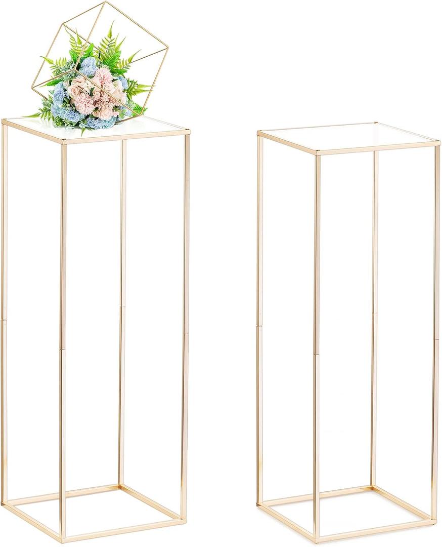 Nuptio Gold Vases for Centerpieces Wedding with Acrylic Panel - 2 Pcs 31.5 inch Tall Metal Flower Vase Flowers Stand - Elegant Bulk Weddings Decoration Table Geometric Centerpiece for Party Tables