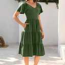 Women Summer Dress 2025 Short Sleeve V Neck Midi Dresses Breathable Cotton Casual Boho Beach Vacation Sundress (Green, S)