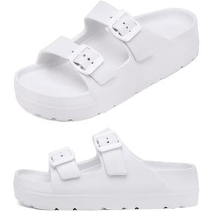 Womens Platform Sandals with Arch Support, Adjustable Buckle Beach Sandal Woman Comfort Lightweight Ultra Cushion EVA Slides (8, Double Buckle-white)