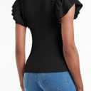 Womens Ruffle Short Sleeve Shirts Slim Fit High Neck Knit Ribbed Tops (Black, XXL)