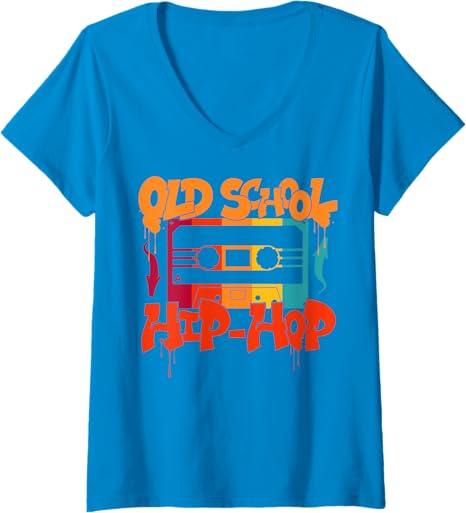 Womens Retro Old School Hip Hop 80s 90s Graffiti Cassette V-Neck T-Shirt Size L, Sapphire Blue