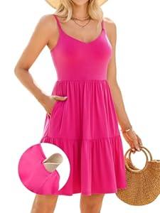 V FOR CITY Womens Built-in Bra Cami Dresses with Pockets Adjustable Strap V Neck Tiered Vacation Party Dress 2025 (M, Hot Pink)