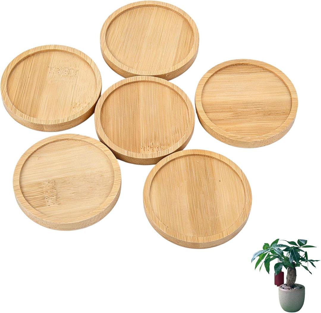 6Pcs Round Bamboo Plant Saucers Plant Saucers for Indoors, Plant Trays for Pots & Flower Pot Saucers | Round Bamboo Tray for Tabletop Protection, DIY Resin Coasters & Home Decoration