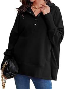 AlvaQ Womens Oversized Sweatshirts Hoodies Fleece Button Neck Sweaters Casual Tops with Pocket Comfy Fall Fashion Outfits Winter Clothes 2025 Black Small