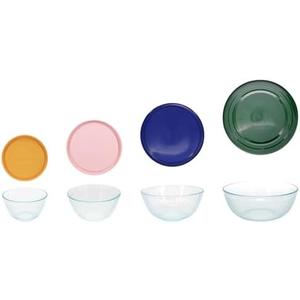 Pyrex Sculpted Glass Bowl Set: 7402-PC Loring Pink, 7403, 7403-PC Navy Blue, 7404 & 7404-PC Thyme Green Lid 3 Pcs