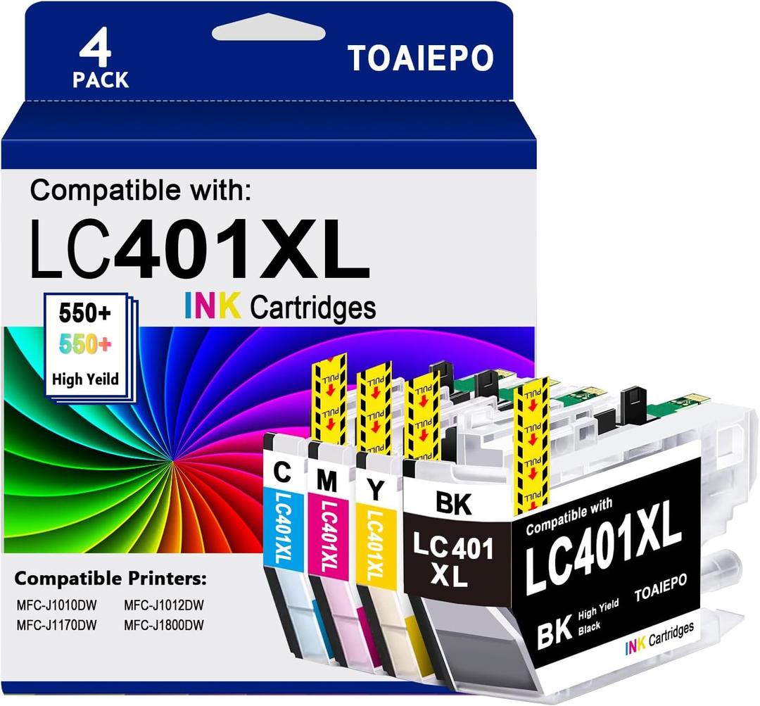 LC401XL Ink Cartridges Compatible for Brother Ink LC401 Cartridges Work with MFC-J1010DW MFC-J1012DW MFC-J1170DW MFC-J1800DW, 4 Pack