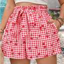 Verdusa Women's Plus Size Gingham Cherry Belted Shorts High Rise Summer Shorts with Pockets (Red, XL)