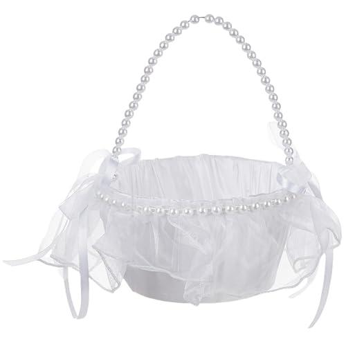 Wedding Flower Girl Basket with Pearl Handle,Satin Flower Storage Basket for Wedding Home Garden Decor (5884, 1)