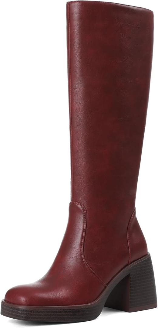 Women Knee High Boots Faux Leather Platform Chunky Square Toe Heeled Side Zipper Fall Wide Calf Long Tall Boots for Women (9, Red)