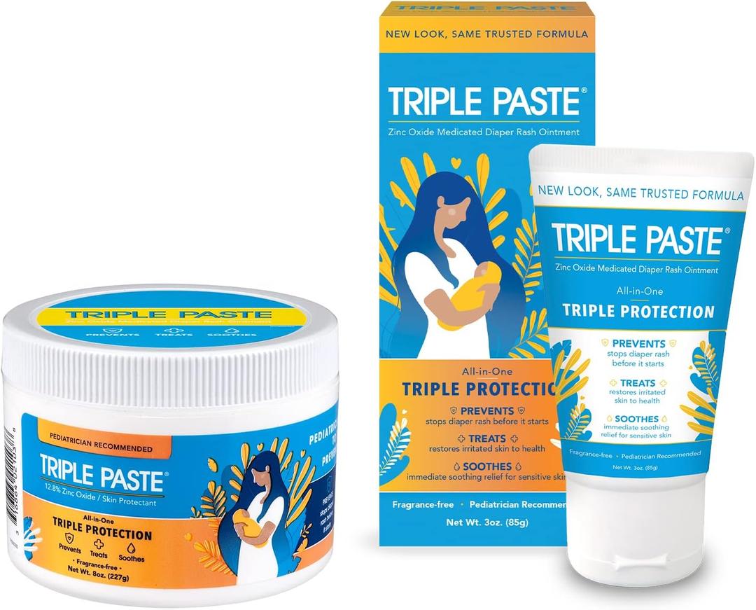 Triple Paste Diaper Rash Cream for Baby - 8 Oz Tub & 3 Oz Tube At Home & On the Go Bundle  Zinc Oxide Ointment Treats, Soothes & Prevents Diaper Rash, Baby Essentials for Daily & Overnight