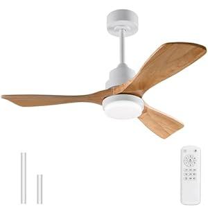 BOJUE 42 Inch White Ceiling Fans with Lights and Remote,Dimmable LED Light,Quite Reversible DC Motor,Memory Function,Modern Solid Wood Indoor Outdoor Ceiling Fan with Light for Farmhouse Bedroom Patio