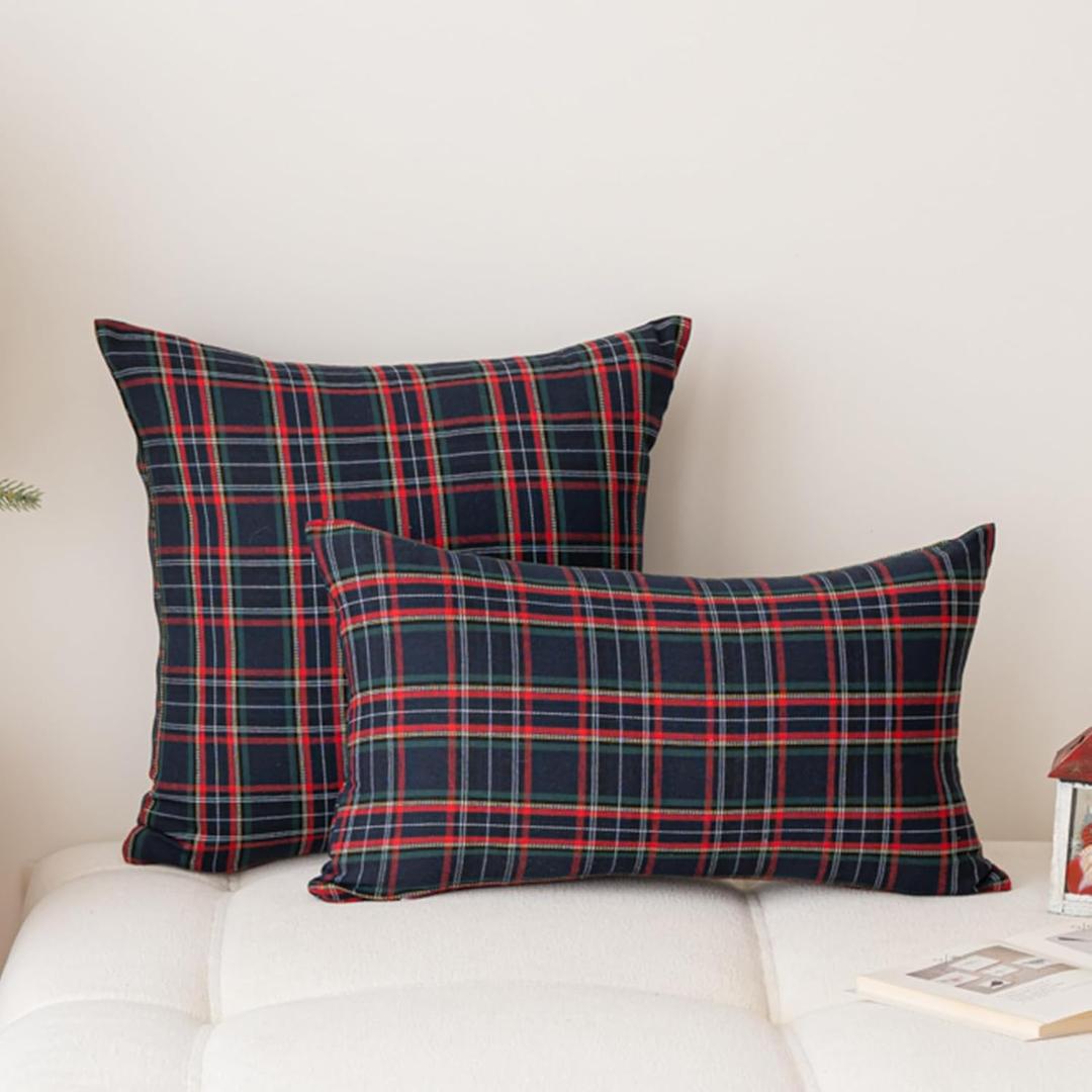 Christmas Pillow Covers 12x20 Set of 2, Christmas Decorations Scottish Tartan Plaid Throw Pillow Cases Farmhouse Decorative Lumbar Cushion Case for Sofa Couch Home Decor (Plaid H,12''x20'')