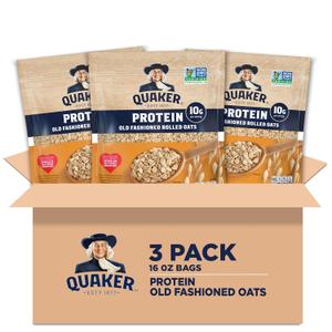 Quaker Protein Old Fashioned Rolled Oats, 10g Protein per Serving, Whole Grains, No Preservatives, No Artificial Flavors, 16 oz Bag (Pack of 3) (EXP 03/30/26)