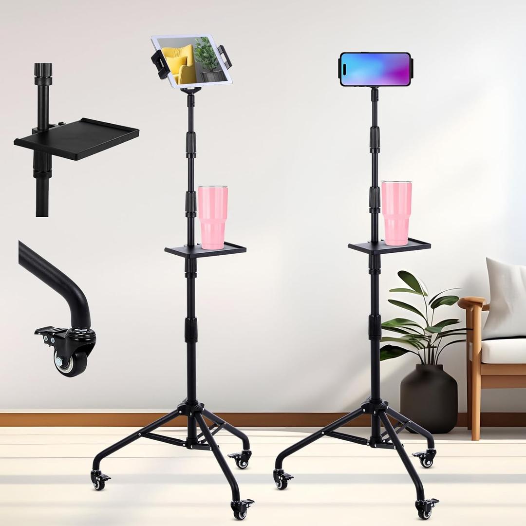 Tablet Floor Tripod Stand 360 Degree Rotatable Tablet Holder with Tray Adjustable Height 25"- 65" Home Projection Computer Stand Compatible with ipad Kindle e-Book Reader
