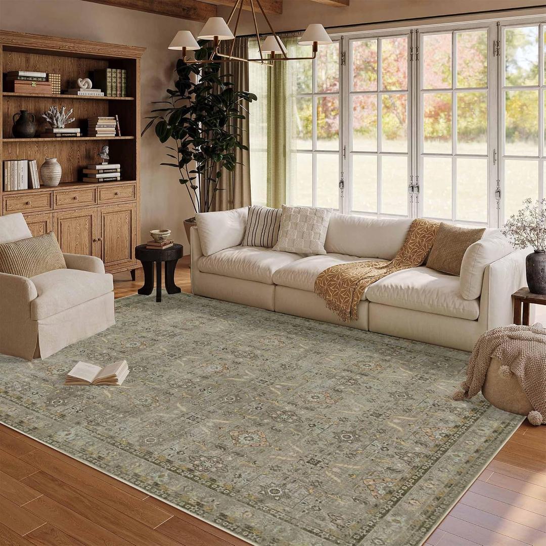 Rugxara 5x7 Area Rugs for Living Room Bedroom, Washable Rug, Vintage Floral Boho Rug, Non Slip & Low Pile Faux Wool Thin Carpet for Indoor Dining Room and Kids Room(Olive Brown 5x7ft)