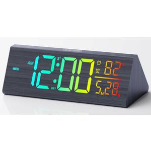 Haimiage Solid Wood Digital Alarm Clock for Bedroom - 8.8 Inch Large Display for Living Room, See Time Instantly! Multicolor Backlight Time Display, Dual Alarms, Date/ Temp/ Day, DST, Snooze (Black)