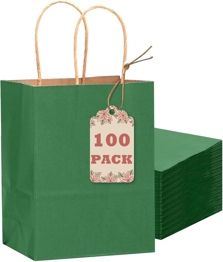 Qiqee 100PCS Gift Bag with Handles Bulk Kraft Deep Green Paper Bags Multiple Uses (8.3"x3"x6"inch Small Size)