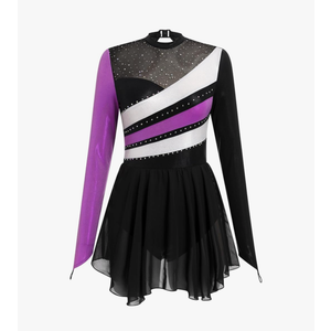 Ice Skating Dress for Women Long Sleeve Figure Skating Costume Rhythmic Gymnastics Leotard Sparkly Chiffon Skirt, S