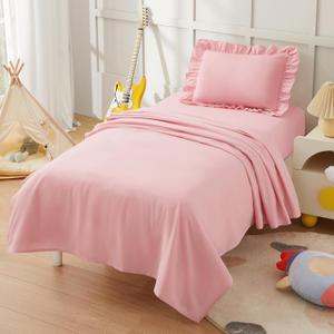 KKJIAF 3 Piece Toddler Sheet Set Microfiber, Includes a Flat Sheet, a Fitted Sheet and a Ruffle Pillowcase, Light Pink