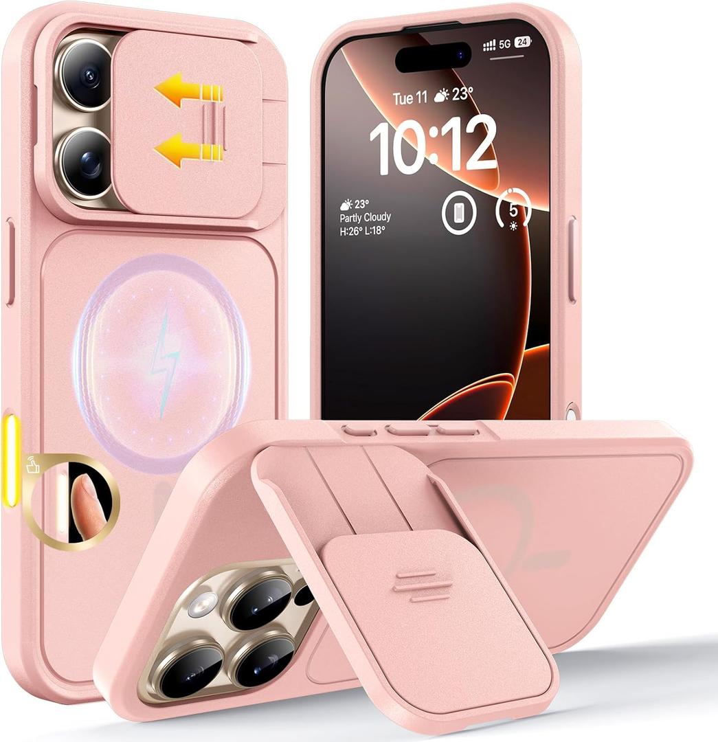 TOCOL for iPhone 16 Pro Case with Slide Camera Cover, Kickstand and Camera Control Button, Fit for MagSafe, Rugged Solid Phone Case, Non-Slip, Drop Protection, Drop Protection, Pink