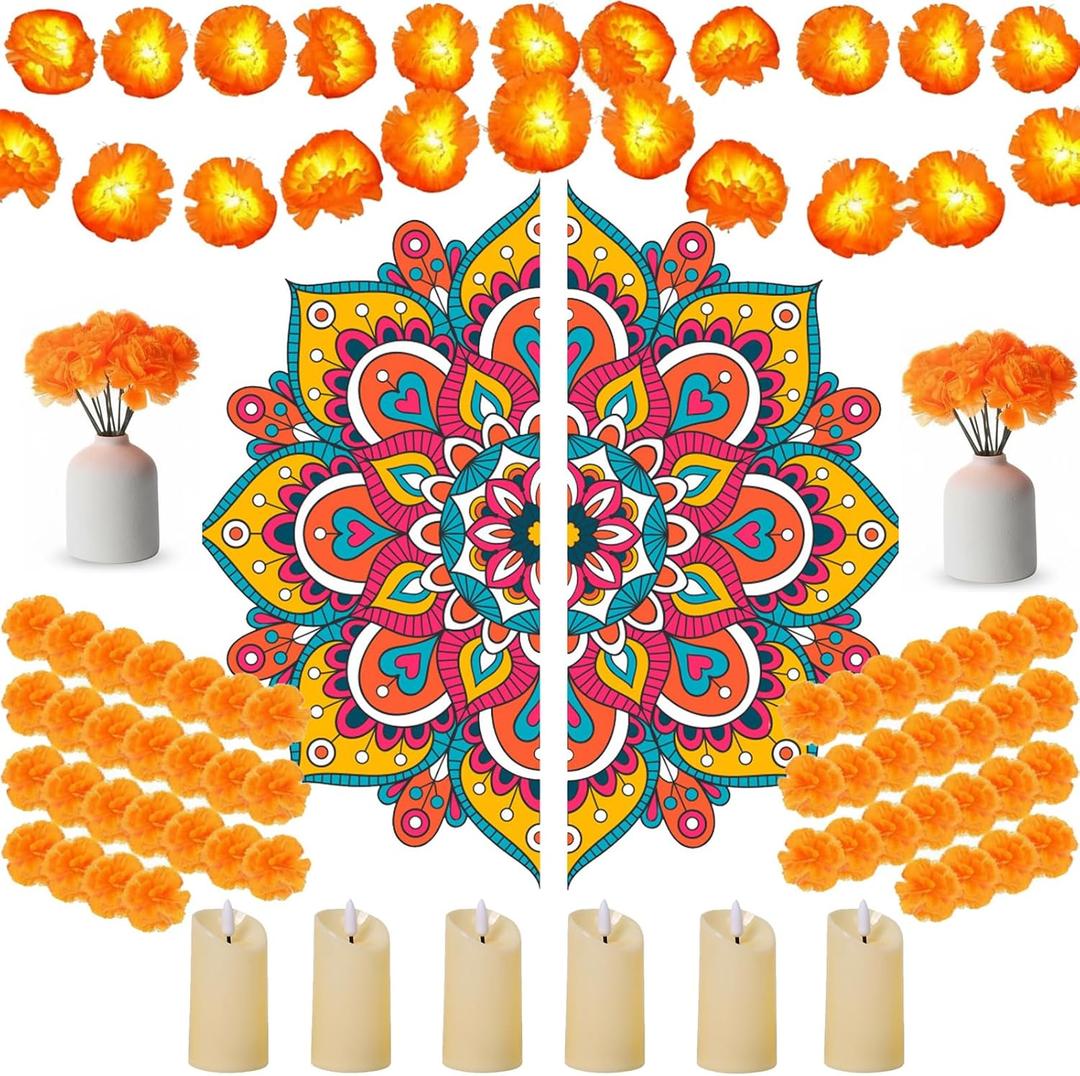43 Pcs Diwali Decorations for Home Diwali Rangoli Floor Stickers Marigold Garland Artificial Marigold Flowers with Stem Flameless Votive Candles Diya Indian Gifts for Entrance Wall Door Porch