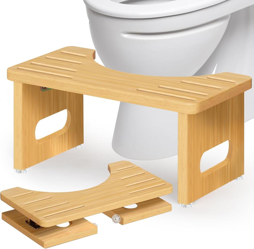 Foldable Toilet Stool, Bamboo Toilet Stool Squat for Adults, 7 Inches Poop Stool for Bathroom, Collapsible Potty Step Stool with Non-Slip Strip, Space-Saving, No Assembly (Natural)