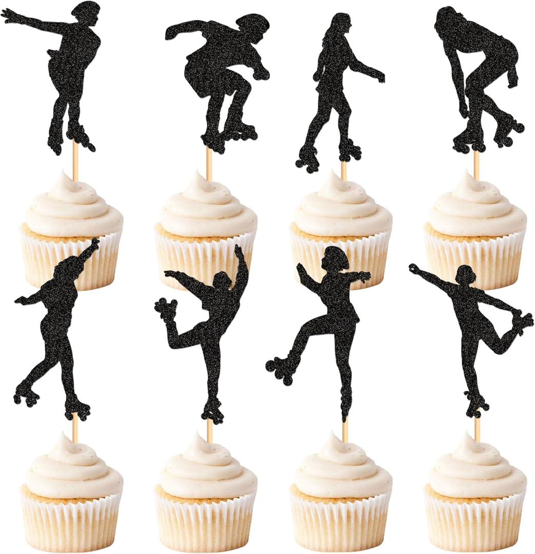 2 x Ercadio 24 PCS Roller Skate Cake Topper Girl in Roller Skating Cake Toppers Retro Hip Hop Theme Party Cake Decoration for Boys or Girls 80s 90s Skating Theme Party Decorations Black