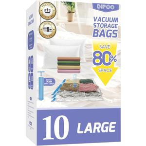 10 Pack Large Vacuum Storage Bags with Hand Pump, 80% Storage Space Saving, Sturdy Leak-Free Space Saver Vacuum Seal Bags for Clothing, Vacuum Compression Bags for Travel Lugggage