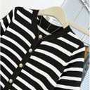 OYOANGLE Women's Short Sleeve Sweater Spring Summer Crochet Knit Top V Neck Striped Button Down Dressy Casual Blouse (M)