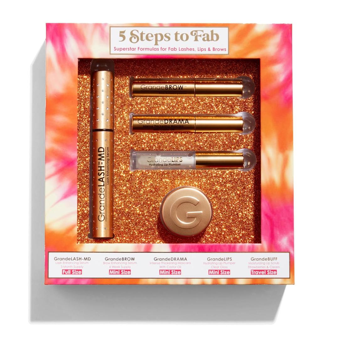 Grande Cosmetics 5 Steps to Fab Kit  GrandeLASH-MD, GrandeBROW, GrandeDRAMA, GrandeLIPS, GrandeBUFF, for Longer-Looking Lashes, Fuller-Looking Brows, Plumper-Looking Lips