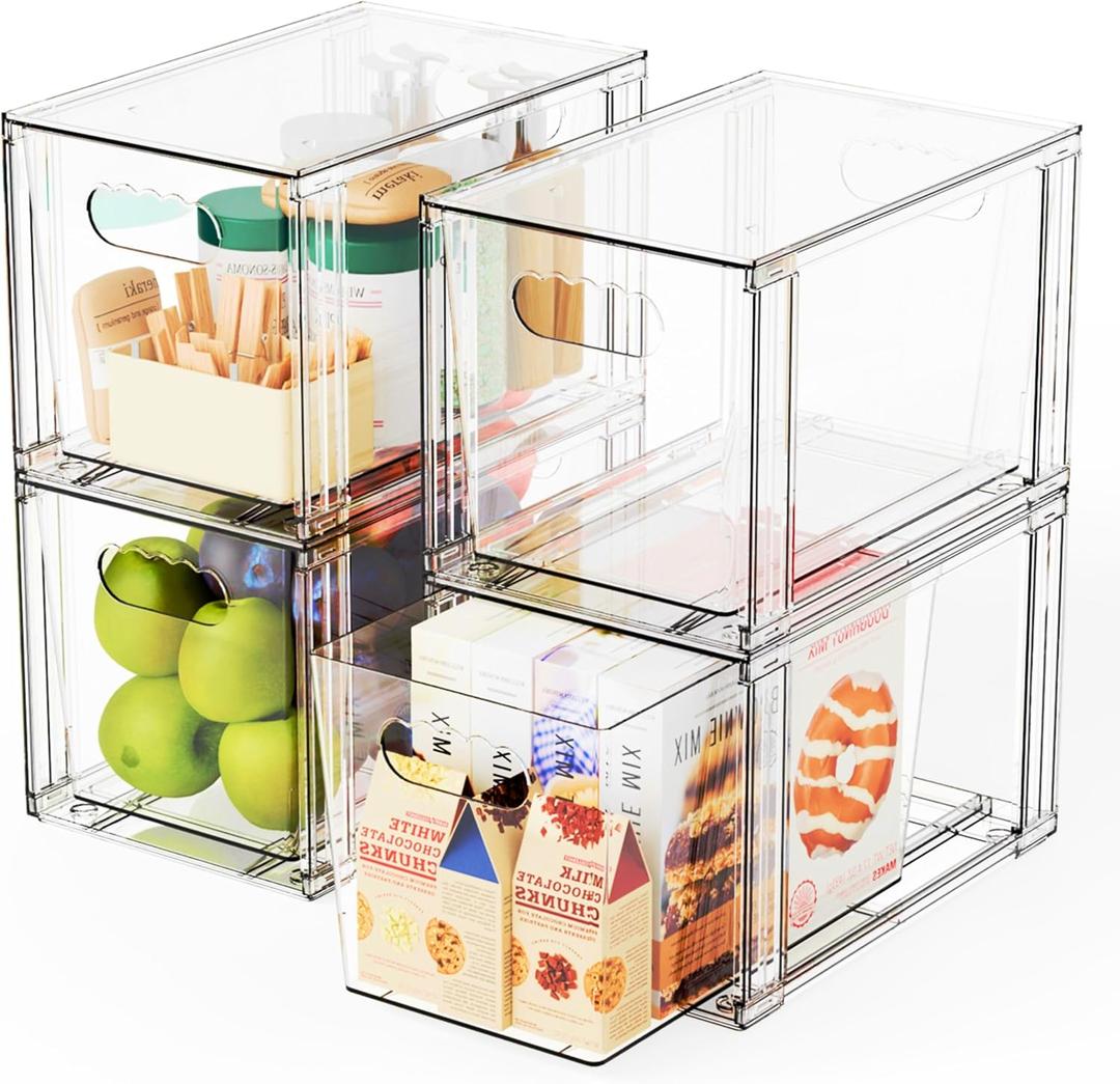 Yieach 4 Pack Large Stackable Storage Drawers,Clear Acrylic Drawer Organizers and Baby Bottle Organizer for Countertop,Cabinet,Bathroom,Pantry,Office Closet Organizers and Brightroom Storage Bins