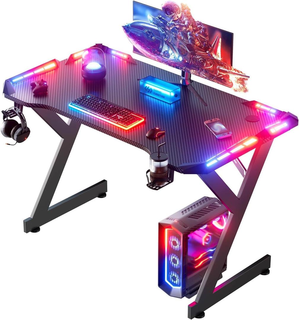 HLDIRECT 40 INCH Gaming Desk with LED Lights, Home Office Gamer Desk, Ergonomic Computer Table with Large Carbon Fiber Desktop, Office Workstation, Cup Holder & Headphone Hook, Black
