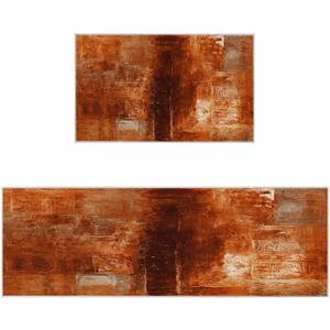 Burnt Orange Kitchen Rugs Set 2 Pieces, Modern Geometric Orange Non-Slip Rubber Backing Floor Mats Doormat Bathroom Runner Area Rug Carpet, Painting Abstracvt Art, 15.7x23.6in + 15.7x47.2in